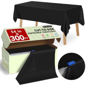 54 in x 300 ft black plastic table cover roll with slide cutter，cuts up to 36 rectangle 8 feet disposable plastic table cloths，disposable table cover roll for dinning，parties，bbq，wedding，outdoor