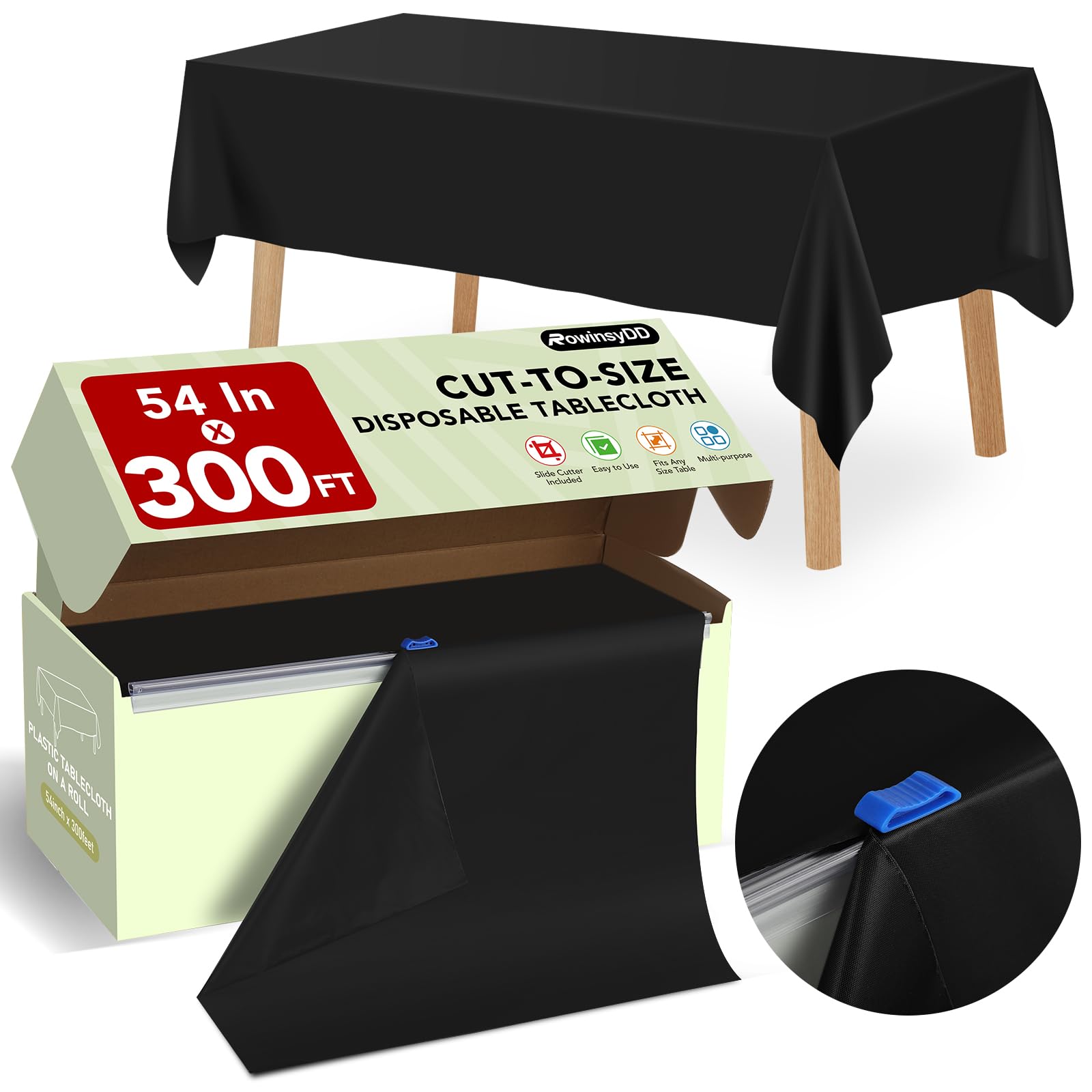 54 in X 300 FT Black Plastic Table Cover Roll with Slide Cutter，Cuts Up to 36 Rectangle 8 Feet Disposable Plastic Table Cloths，Disposable Table Cover Roll for Dinning，Parties，BBQ，Wedding，Outdoor