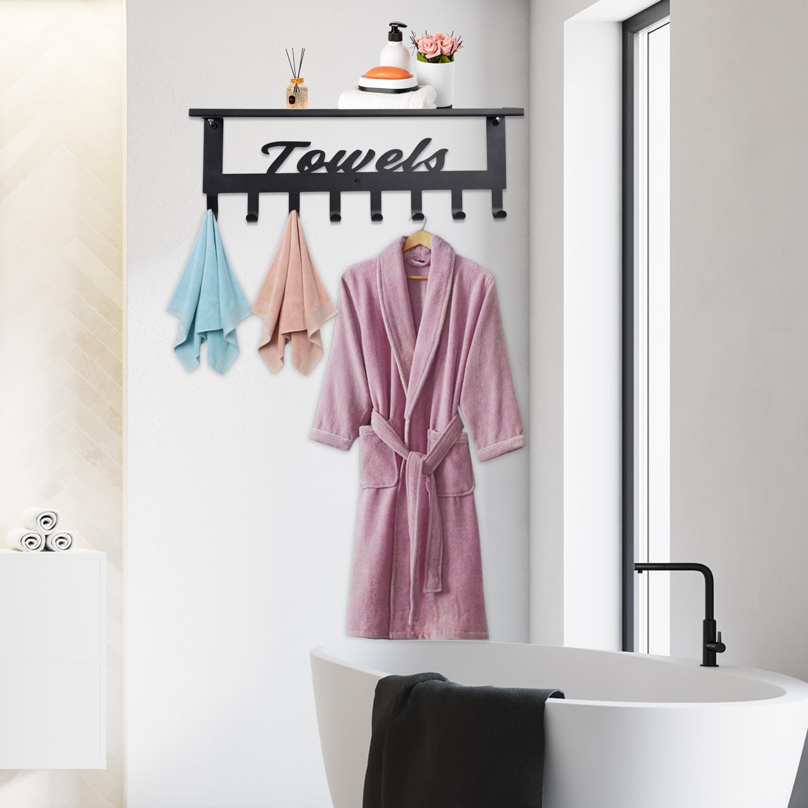 Towel Rack with Shelf for Bathroom - Metal Towels Rack Hanger, Space Saving Towel Holder Rack, Wall Mounted, 8 Hooks, Towel Organizer for Coat Robe Bathrobe in Home Pool Bedroom Beach Living Room