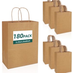 Colemoly Paper Gift Bags 180pcs 5.25x3.25x8 Inch Kraft Paper Bags with Handles Small Brown Recyclable for Small Business, Retail, Grocery, Cafes, Bakeries, and Cosmetics Stores