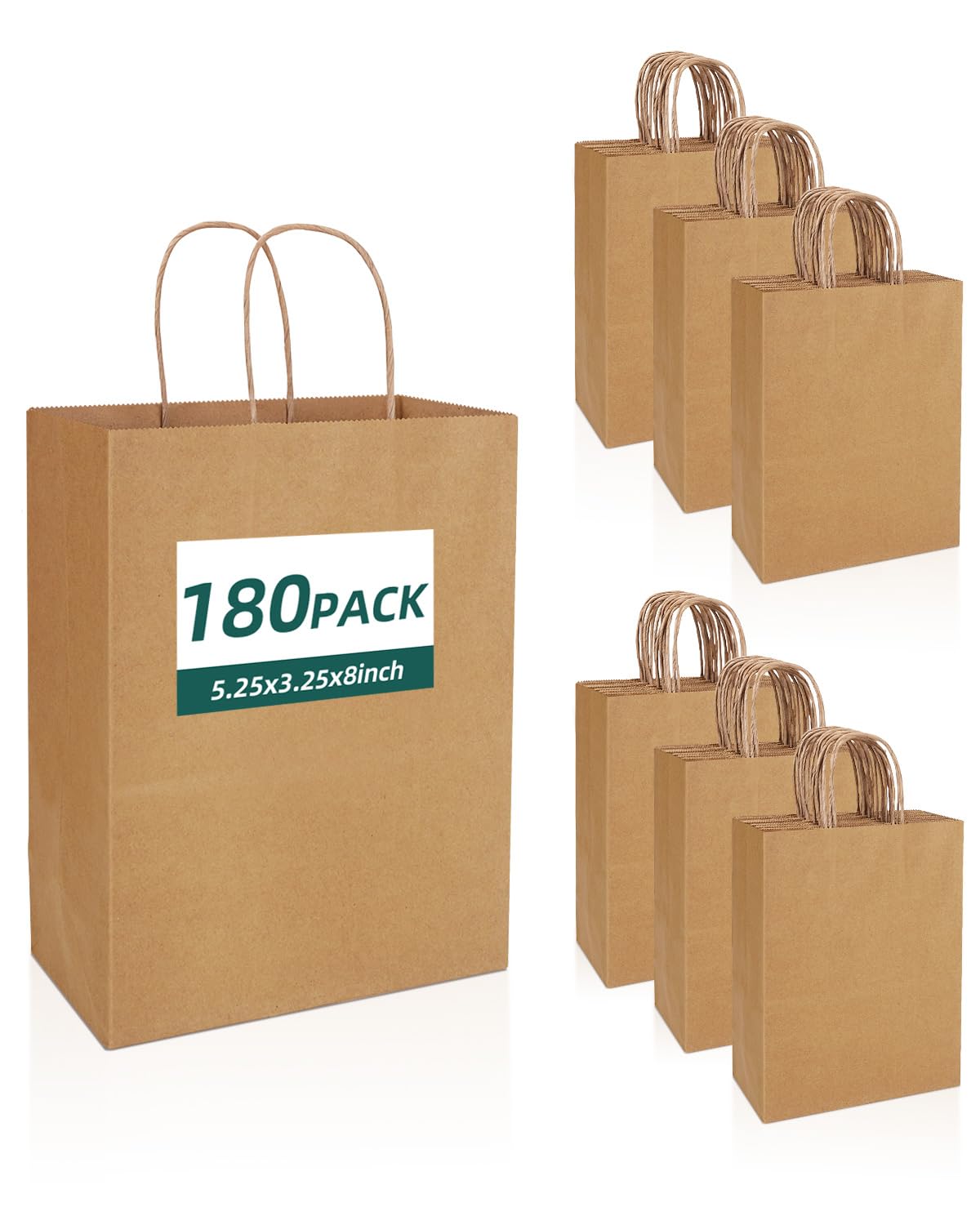 Colemoly Paper Gift Bags 180pcs 5.25x3.25x8 Inch Kraft Paper Bags with Handles Small Brown Recyclable for Small Business, Retail, Grocery, Cafes, Bakeries, and Cosmetics Stores