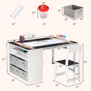 GarveeHome Kids Art Table and Chairs Set, Living and Learning Kids' Art Table and Stool Set with Large Storage Desk and Portable Art Supply Organizer, Kids Activity Table, Drawing and Painting Desk