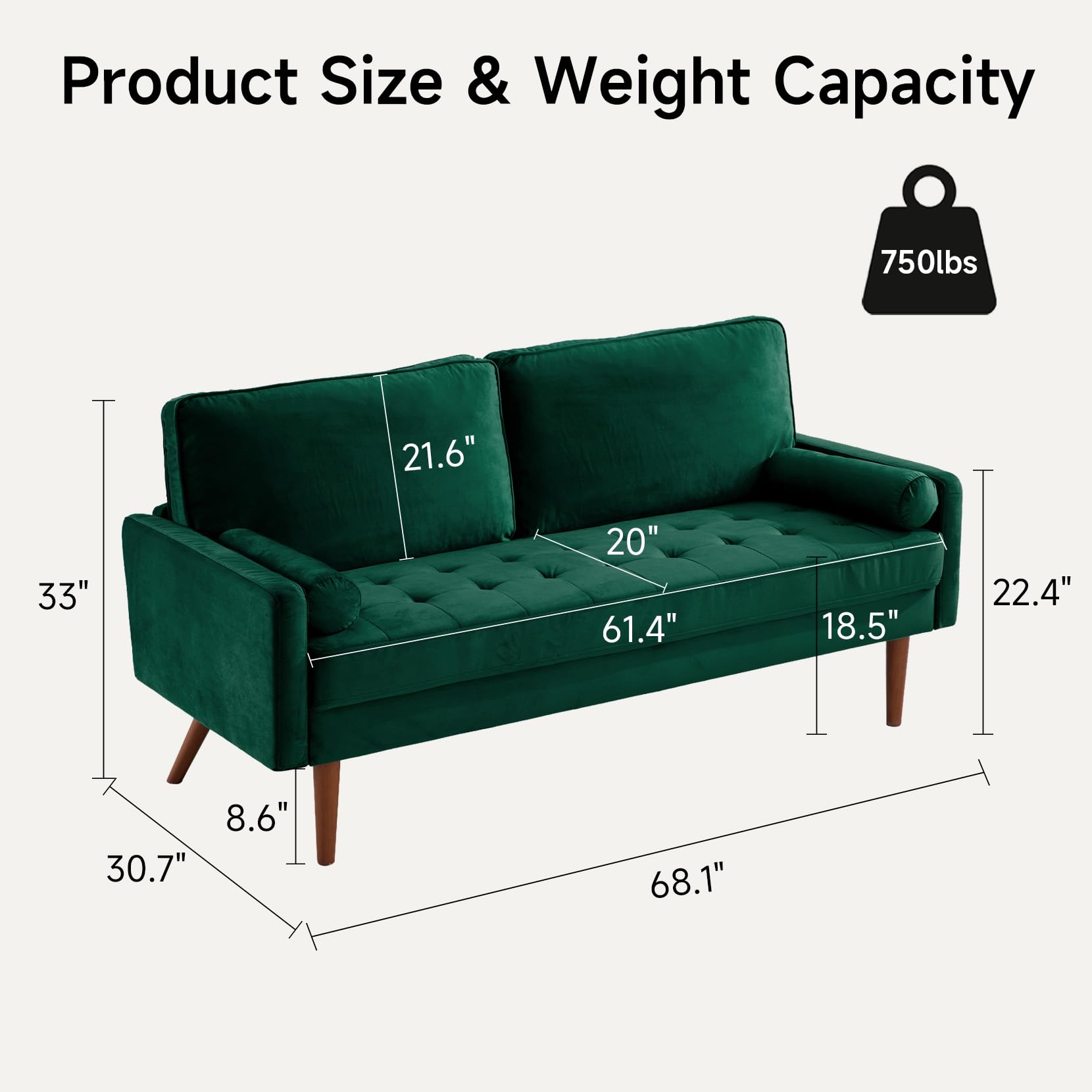 ONBRILL Loveseat Sofa 68", Mid Century Modern Sofas Couches for Living Room,Green Velvet Couch for Small Spaces, Solid Wooden Frame, Back Cushions and Tapered Wood Legs Easy to Install