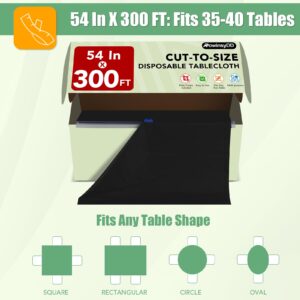 54 in X 300 FT Black Plastic Table Cover Roll with Slide Cutter，Cuts Up to 36 Rectangle 8 Feet Disposable Plastic Table Cloths，Disposable Table Cover Roll for Dinning，Parties，BBQ，Wedding，Outdoor