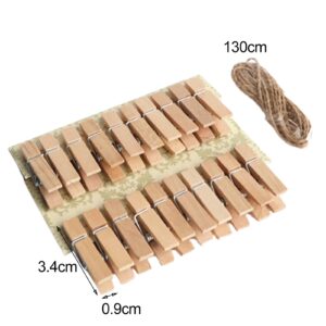 Grebest Clothespins Set Sturdy Wooden Clips 20pcs Clothespin with Hemp Rope Home Classroom Photo Picture Hanging Colorful Clip Heavy Duty Sock Towel Sheet Light Brown