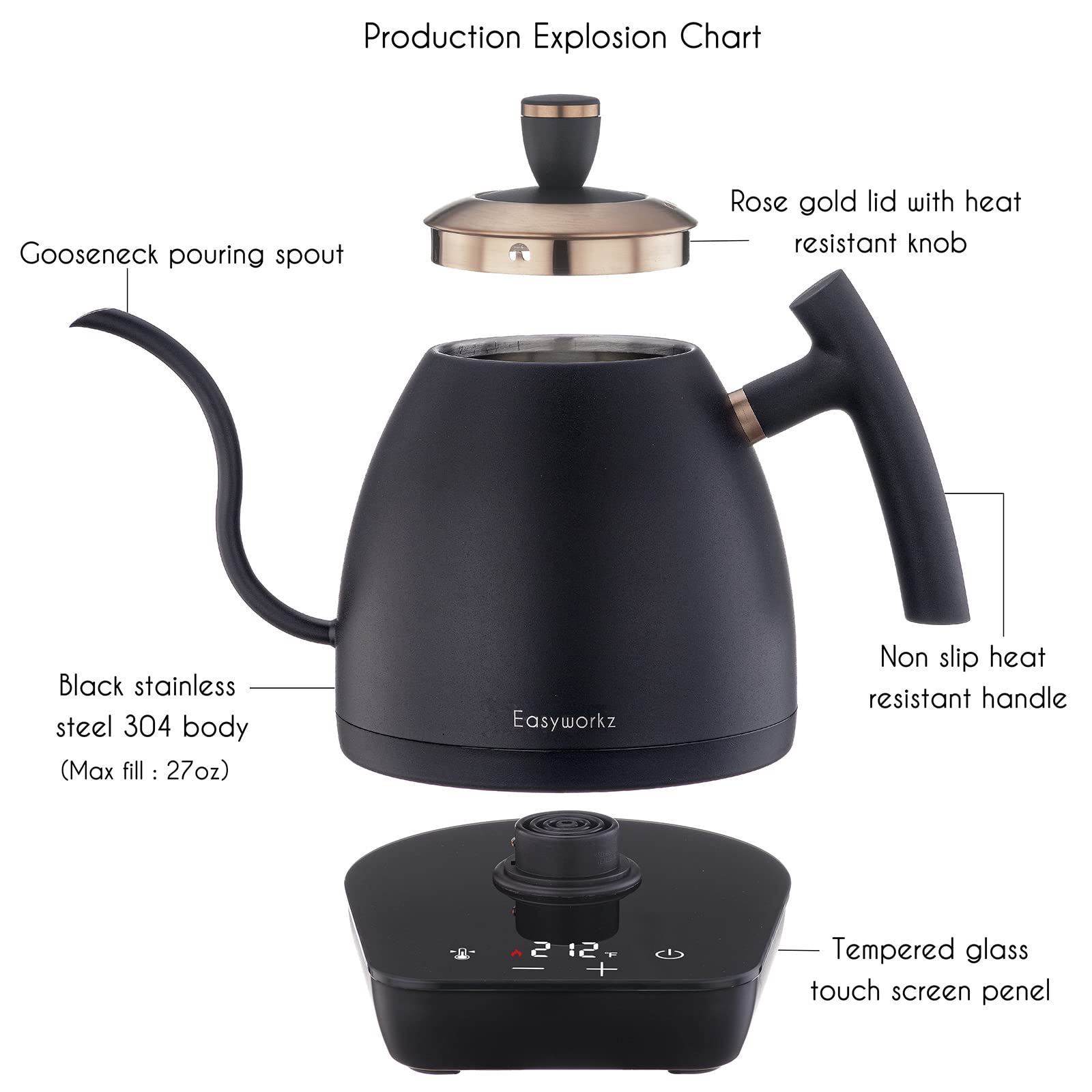 Easyworkz Pedro Stovetop Espresso Maker 6Cup 300ml, Bundled Electric Gooseneck Pour Over Coffee Kettle, Stainless Steel Hand Drip Tea Pot 27 Ounce Temperature Control 1200W Quick Heati