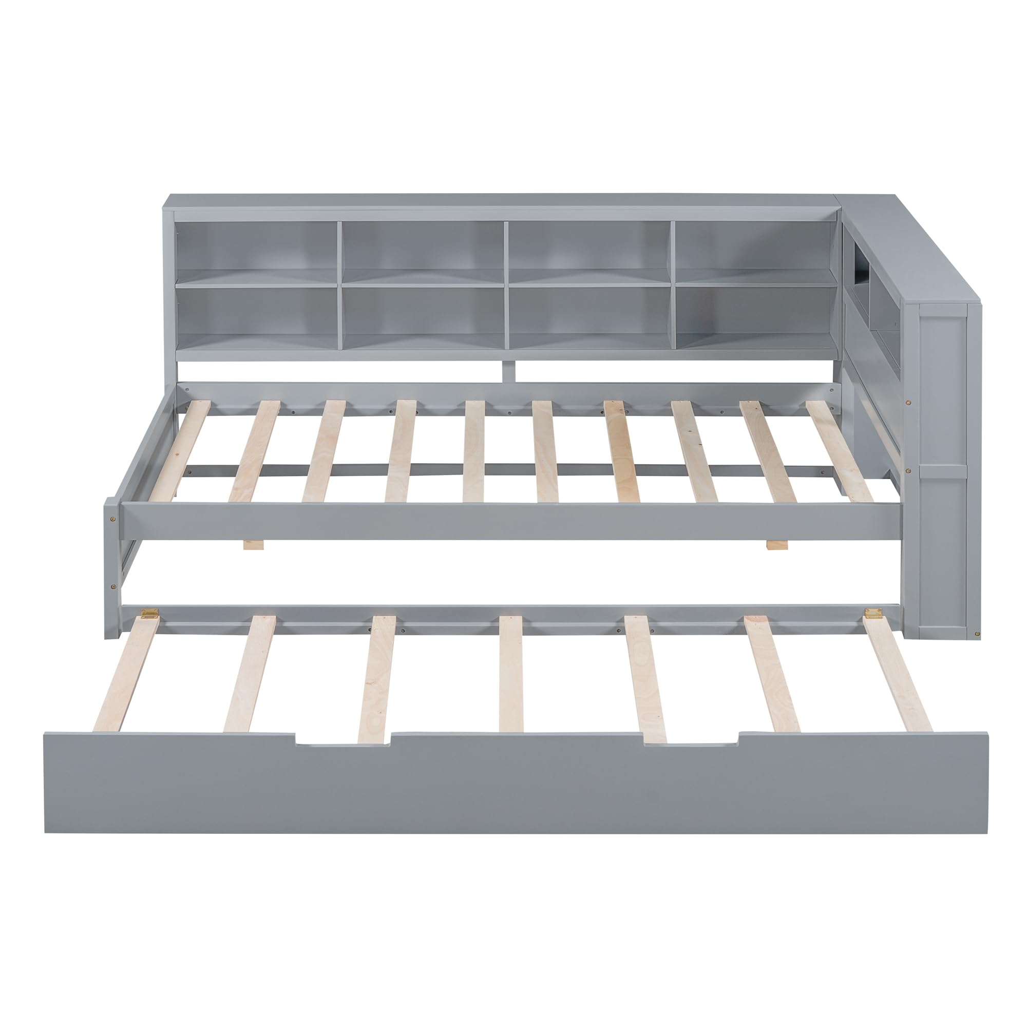 Twin Daybed with Trundle and Bookcase Headboard, Wood Platform Bed Frame with Charging Station and Storage Shelves, USB Port and Outlet Plug, No Box Spring Needed, Gray