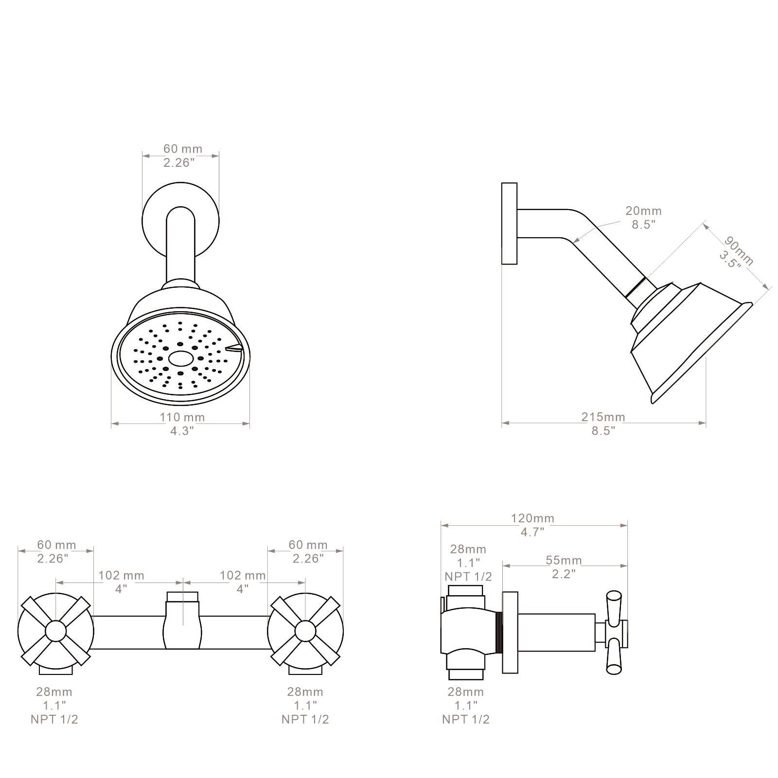 KAPHOME 2 Handle Shower Faucet,Wall Mounted Two Handles Shower Faucet Set with 3 Modes Rainfall Shower Head,2 Knobs Single Function Shower Trim Kit with Rough-in Valve,Matte Black,1A3MK