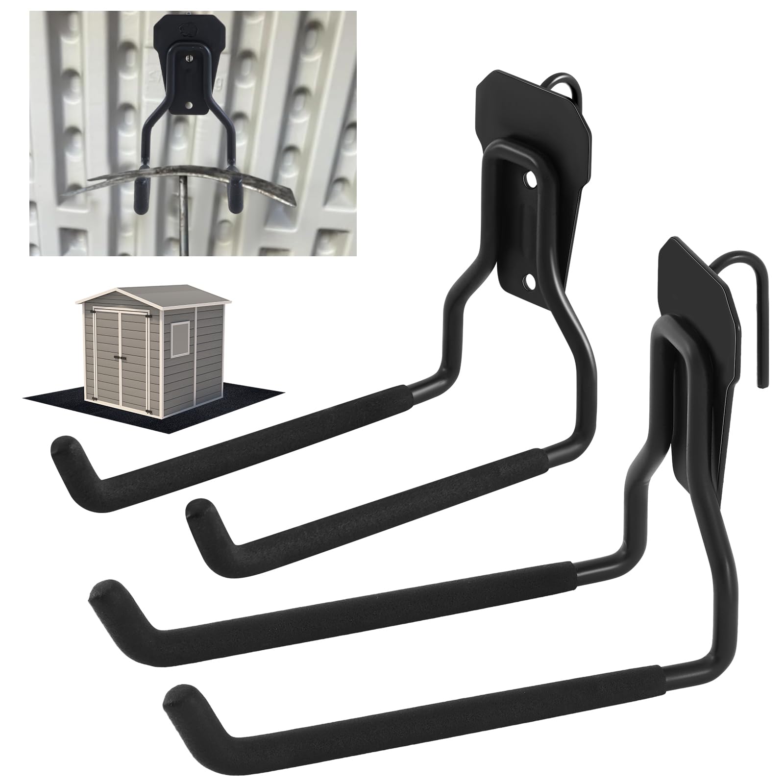 MorningRo 2 Pack Shed Accessories Multi Purpose Shed Hooks Metal Power Tool Holder for Large or Small Tools or Shovels, Black (Straight)