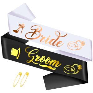 2 pcs bride and groom sash with gold foil, bachelorette party sash, bride and groom to be sash for bridal shower wedding hen party decorations engagement gifts (white, rose gold & black, gold)