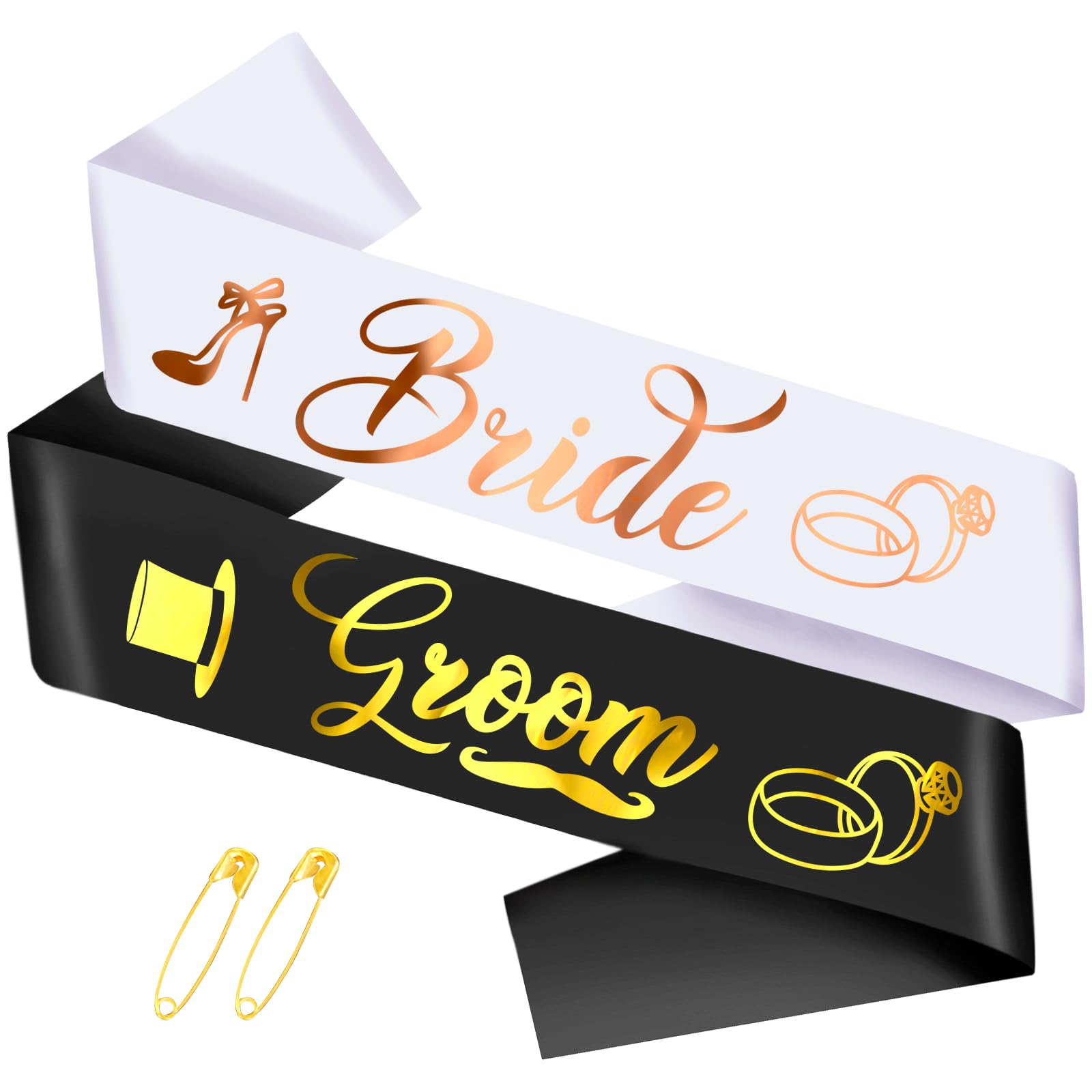 2 Pcs Bride and Groom Sash with Gold Foil, Bachelorette Party Sash, Bride and Groom to Be Sash for Bridal Shower Wedding Hen Party Decorations Engagement Gifts (White, Rose Gold & Black, Gold)