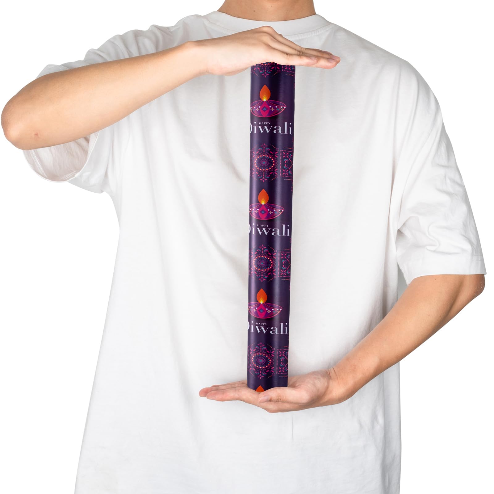 RUSPEPA Diwali Wrapping Paper Roll - Mini Roll - Purple Oil Lamp Pattern Great for Diwali, Holiday and Party - 17 Inches X 32.8 Feet