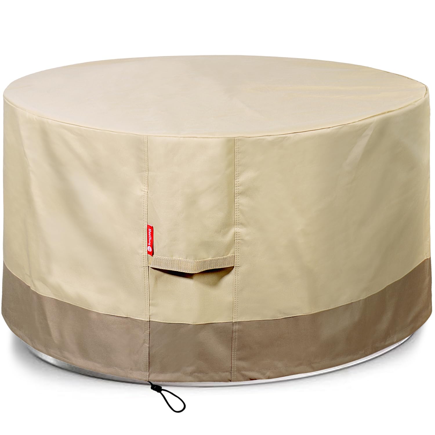 SheeChung Fire Pit Cover Round 44" D x 24" H Waterproof 600D Heavy Duty Patio Gas Fire Pit Cover Shelter Fits 40-44 Inch Outdoor Firepit Table Beige