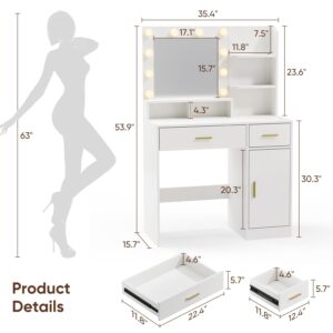 OTDMEL Makeup Vanity Desk, Vanity Table with Mirror & Lights, 35" W Vanity Set with 2 Drawers & Shelves Cabinet,3 Color Modes & Adjustable Brightness Dressing Table for Bedroom, White