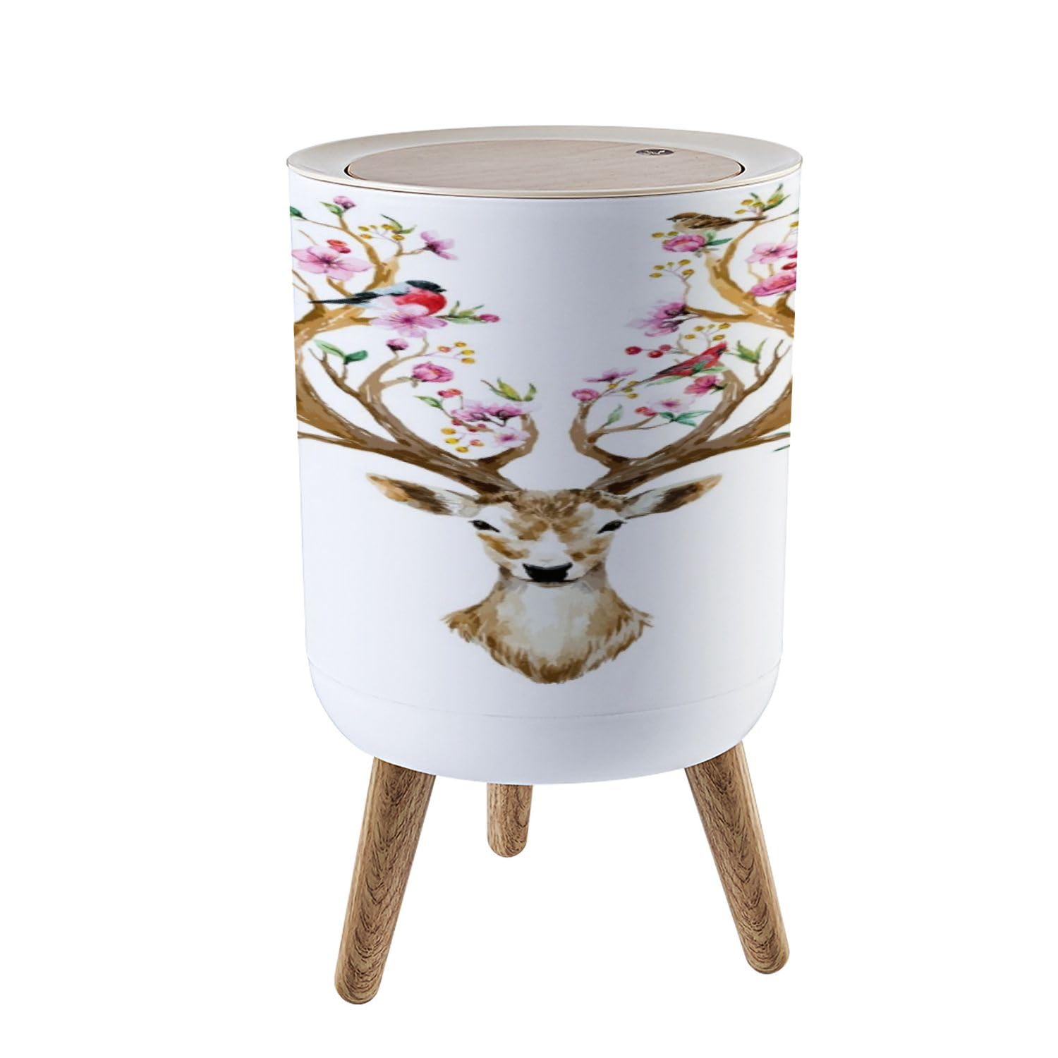 Trash Can with Lid watercolor deer big antlers flowers birds horns branches cherry Garbage Can Round Waste Bin Press Cover Dog Proof Wastebasket for Kitchen Bathroom Living Room Nursery 1.8gal, ljt