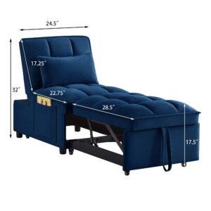 Bellemave 4 in 1 Convertible Sleeper Sofa Chair, Single Pull Out Couch with 6-Level Adjustable Backrest&Pillows,Modern Velvet Sofa Bed with Storage Pockets for Bedroom Living Room Small Space（Navy）