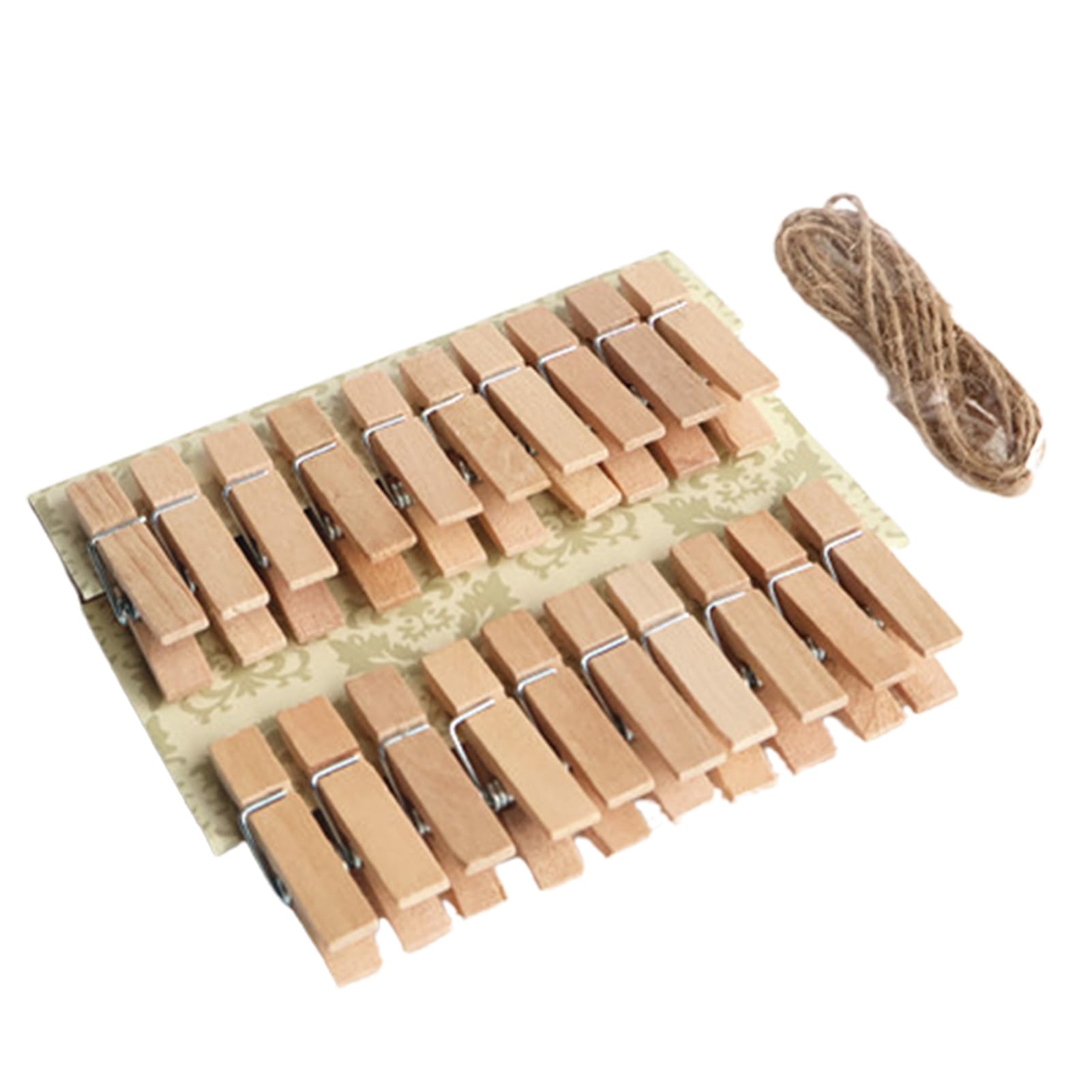 Grebest Clothespins Set Sturdy Wooden Clips 20pcs Clothespin with Hemp Rope Home Classroom Photo Picture Hanging Colorful Clip Heavy Duty Sock Towel Sheet Light Brown