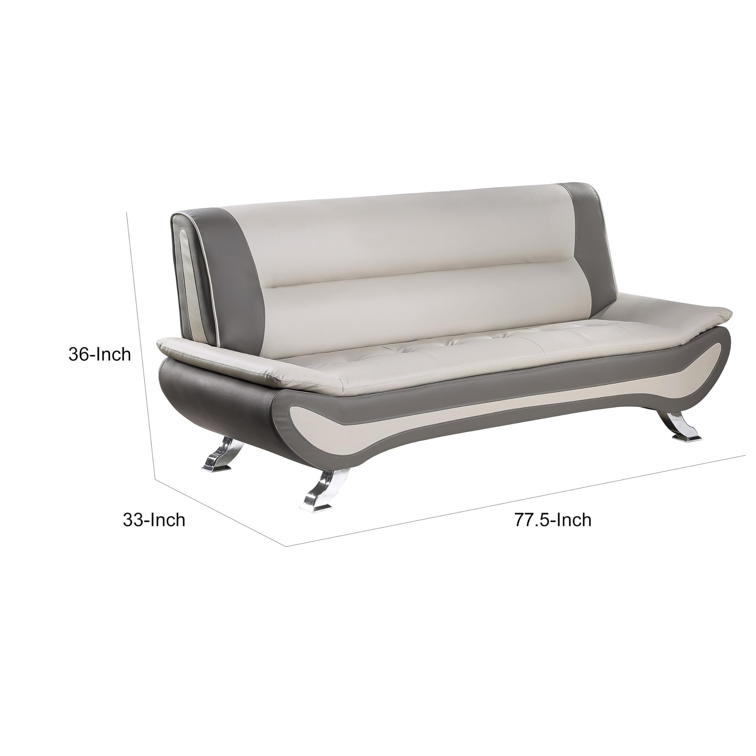 Benjara Elle 78 Inch Sofa, Faux Leather, Metal Legs, Solid Wood Frame, Beige, Gray and Chrome