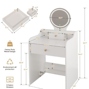 LIVELYGLOW Small Vanity Desk Set with Round Mirror and Light- Vanity Desk with Drawer- White