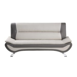 Benjara Elle 78 Inch Sofa, Faux Leather, Metal Legs, Solid Wood Frame, Beige, Gray and Chrome