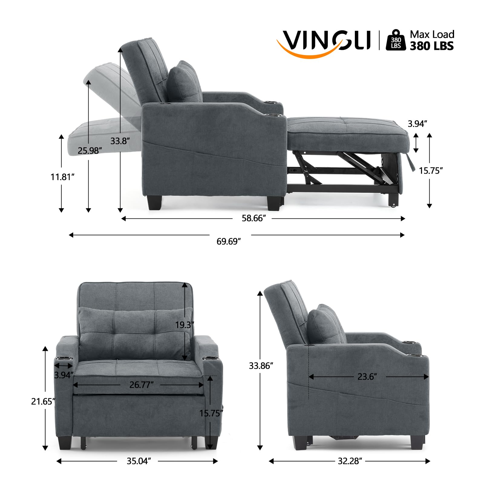 VINGLI Dark Grey Sleeper Chair Bed 3-in-1 Convertible Futon Sofa Bed Pull Out Couch Bed Adjustable Recliner Chair with USB Ports Cup Holders Side Pockets for Living Room Bedroom Small Spaces