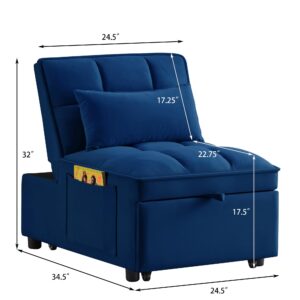 Bellemave 4 in 1 Convertible Sleeper Sofa Chair, Single Pull Out Couch with 6-Level Adjustable Backrest&Pillows,Modern Velvet Sofa Bed with Storage Pockets for Bedroom Living Room Small Space（Navy）