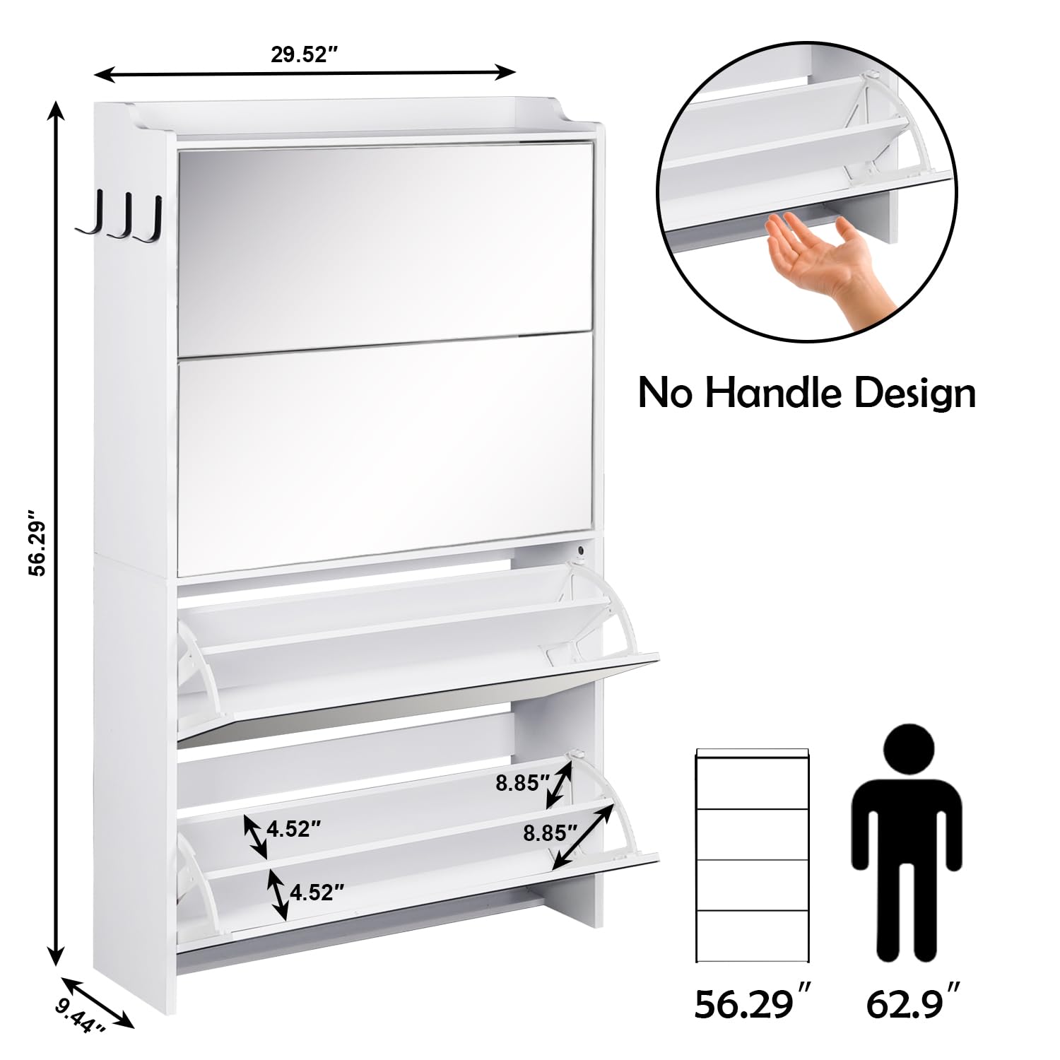 AODAILIHB Shoe Storage Cabinet for Entryway with 4 Flip Drawers, 2-Tier Mirrored Narrow Shoes Rack Organizer Closed Large Capacity Wood Shoe Cabinet Closet Dresser Slim Hidden Shoe Cupboard with Hooks