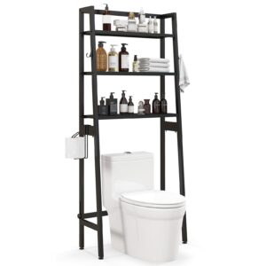 happygrill over the toilet storage, 3-tier over the toilet rack, bathroom space saver w/ 2 hanging hooks, adjustable bottom bar & toilet paper holder, metal over toilet bathroom organizer (black)