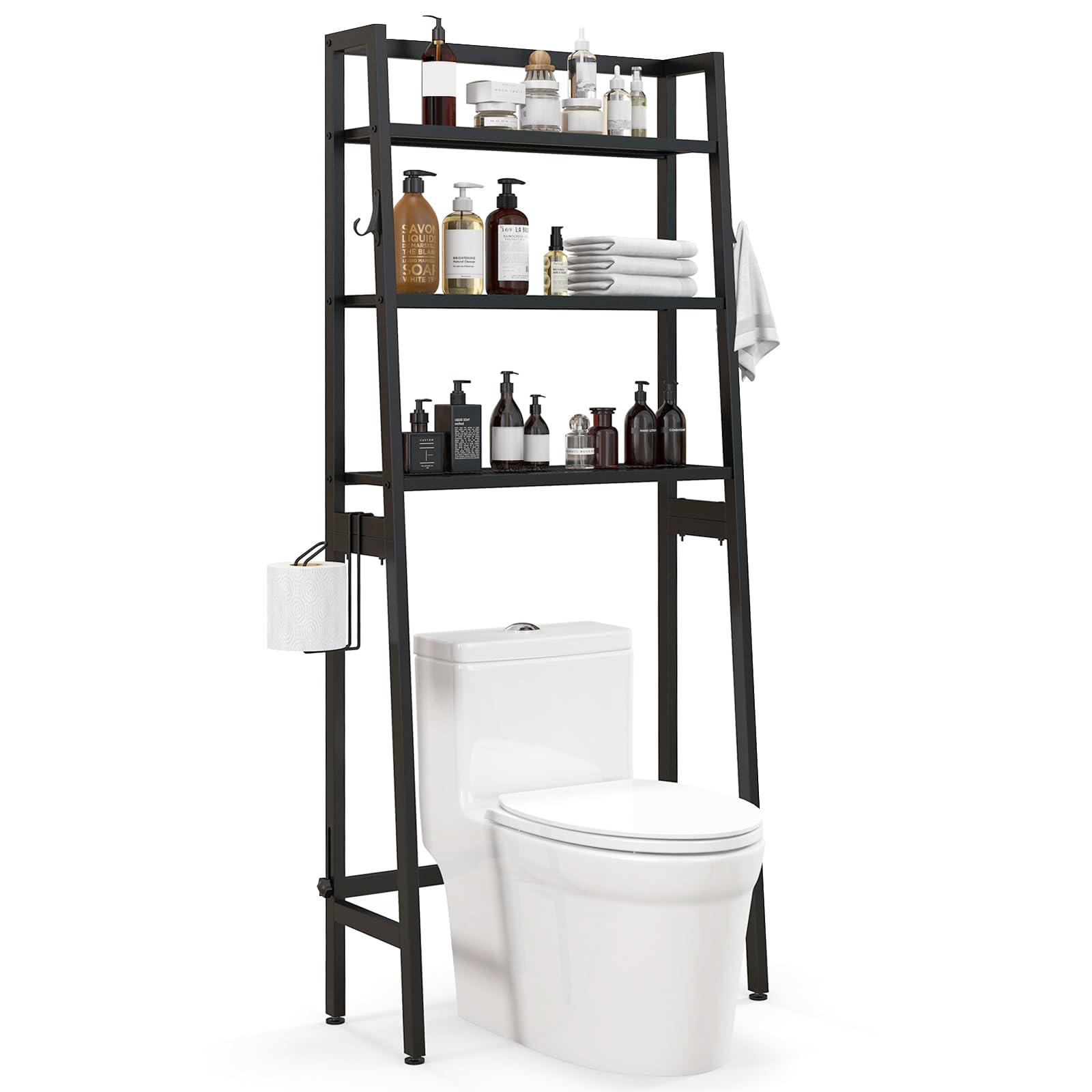 HAPPYGRILL Over The Toilet Storage, 3-Tier Over The Toilet Rack, Bathroom Space Saver w/ 2 Hanging Hooks, Adjustable Bottom Bar & Toilet Paper Holder, Metal Over Toilet Bathroom Organizer (Black)