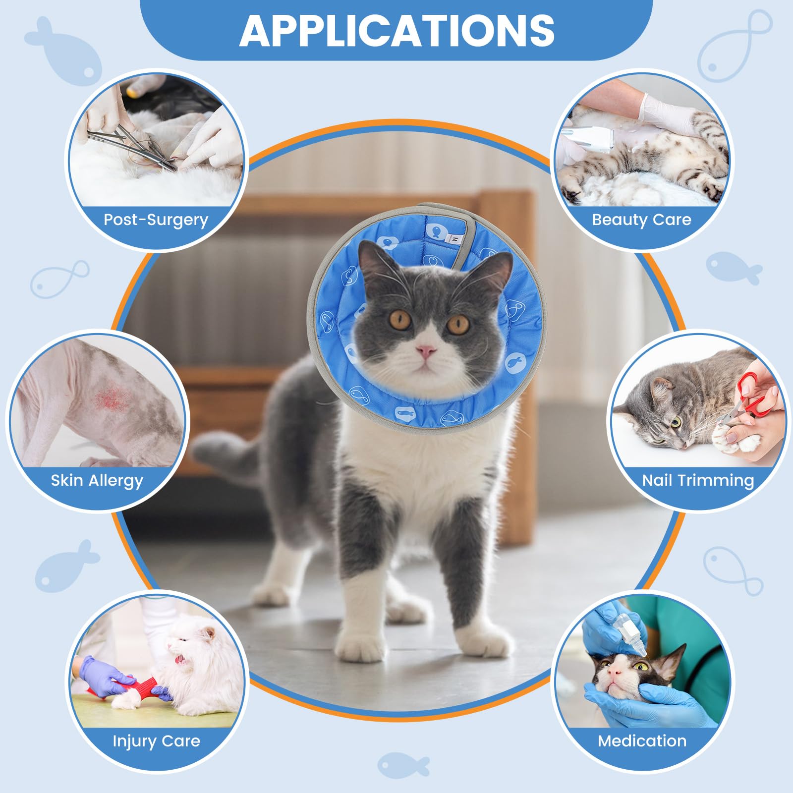 IDOGCHEW Cat Cone Collar Soft, Cat Cones to Stop Licking, Adjustable Cat Cone Water Resistant, Foldable, Adjustable, Lightweight (Blue Fish, Small)