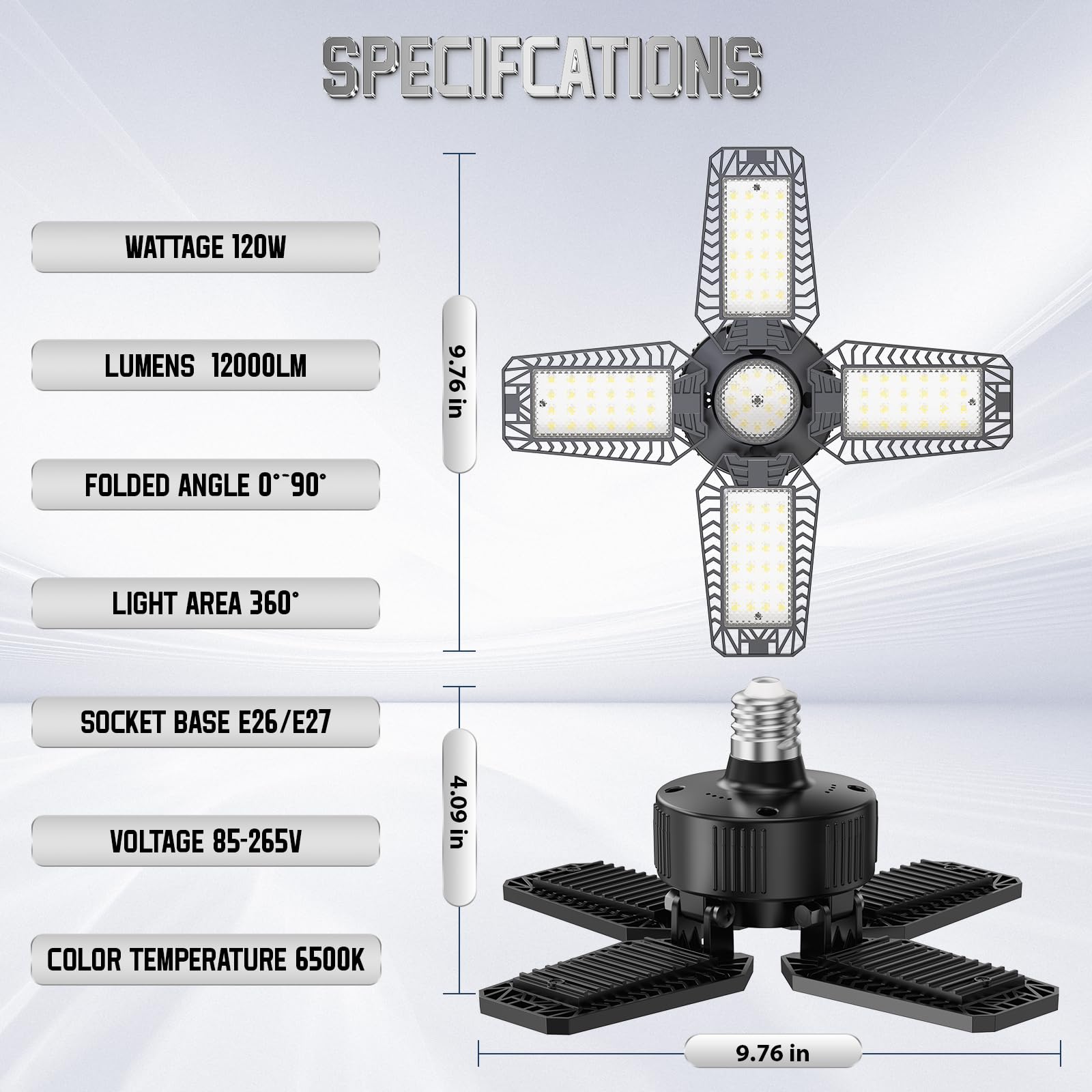 TOPAUBUB Garage Light 2 Pack 120W, 12000LM Garage Lights Ceiling LED with 4+1 Deformable Panels 6500K LED Garage Light, LED Shop Lights for Workshop, Garage, Basement Support E26/E27