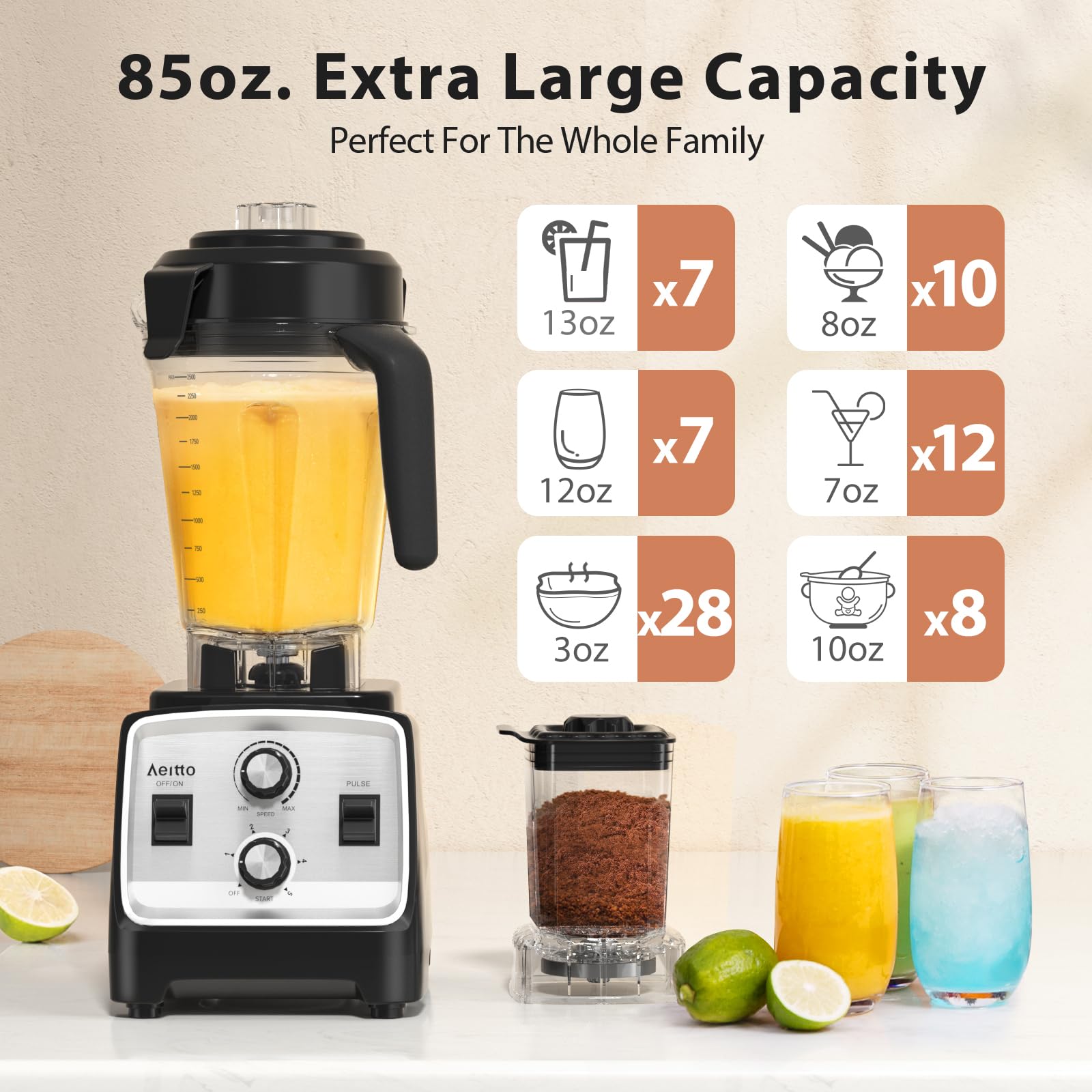 Aeitto Blender, Blenders for Kitchen with 1800W Motor, 85 Oz. Large Capacity, 2-in-1 Blender & Grinder Combo, BPA-Free Countertop Professional Blender for Smoothies, Ice Crush, Frozen Drinks, Silver