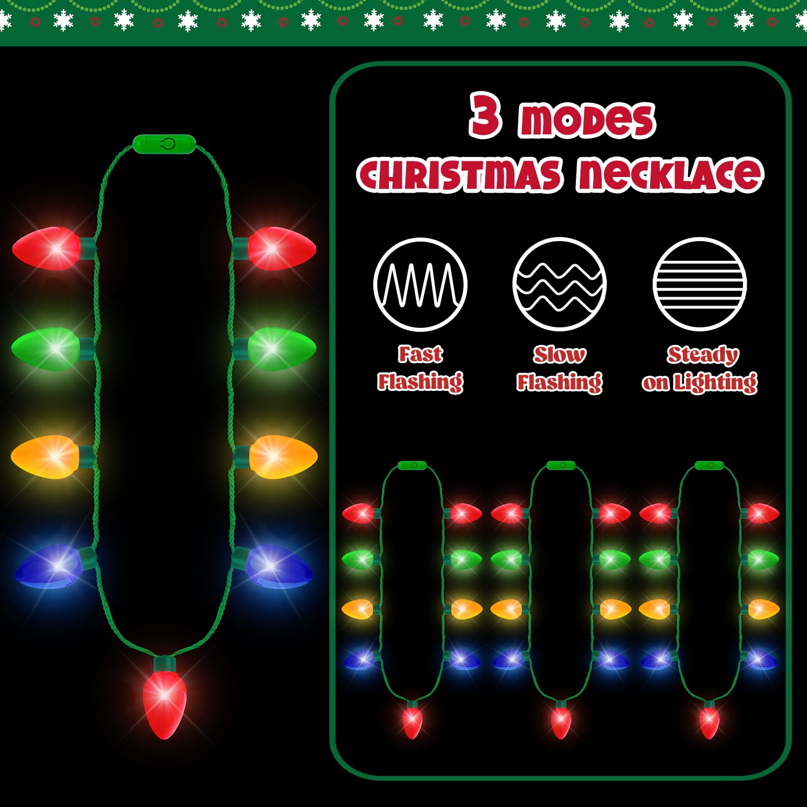 Christmas Party Favors, 2PCS Light Up Christmas Necklace, 3 Modes Christmas Necklace, LED Christmas Accessories for Kids Red Yellow Blue Green Bulbs Glow Necklaces New Year Ugly Sweater Party