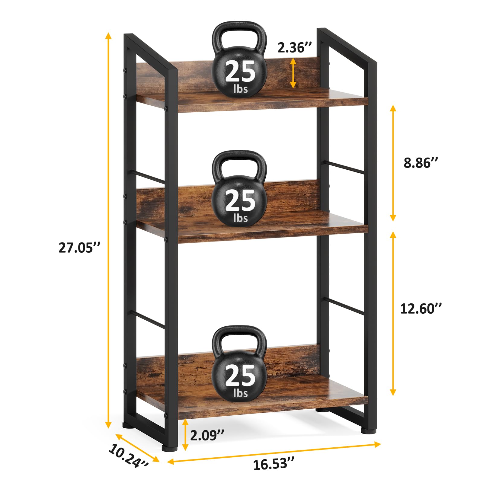 Hosfais Book Shelf Small Bookshelf: 3 Tier Bookshelf with Edge Protection, Metal and Wood Bookshelves Book Case for Small Spaces Bedroom Home Office (Rustic Brown)