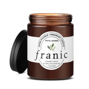 franic white jasmine scented candle, 17.6oz 80 hours burn time, 100% cotton wick uniform burning, natural soy wax scented candle for home scented perfect for christmas, birthday, home