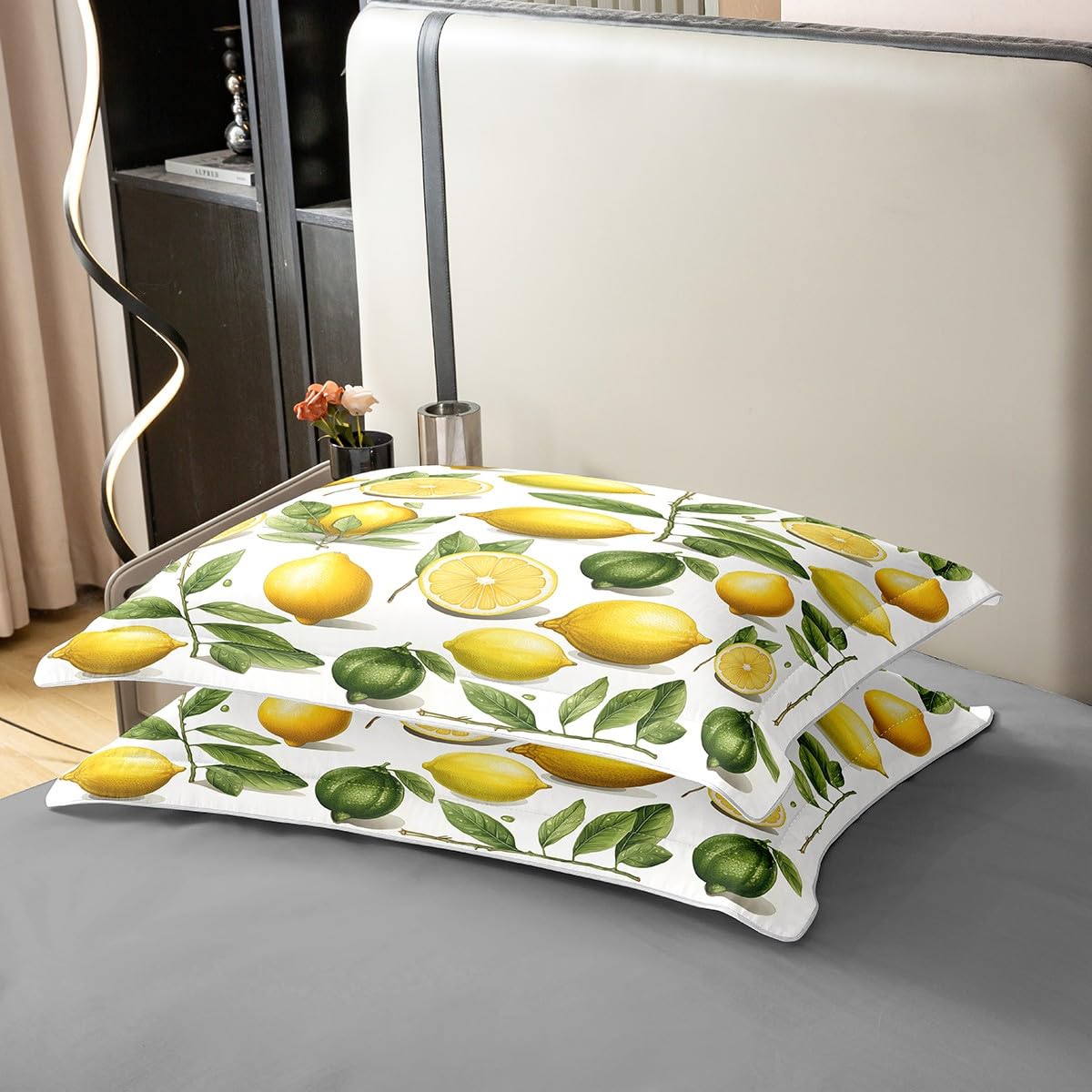 Manfei Lemon 100% Nature Cotton Duvet Cover,Yellow Summer Fruits Botanical Leaves Bedding Set for Room Decor,Rustic Farmhouse Style All Season Bedding with Zipper Closure Queen Size