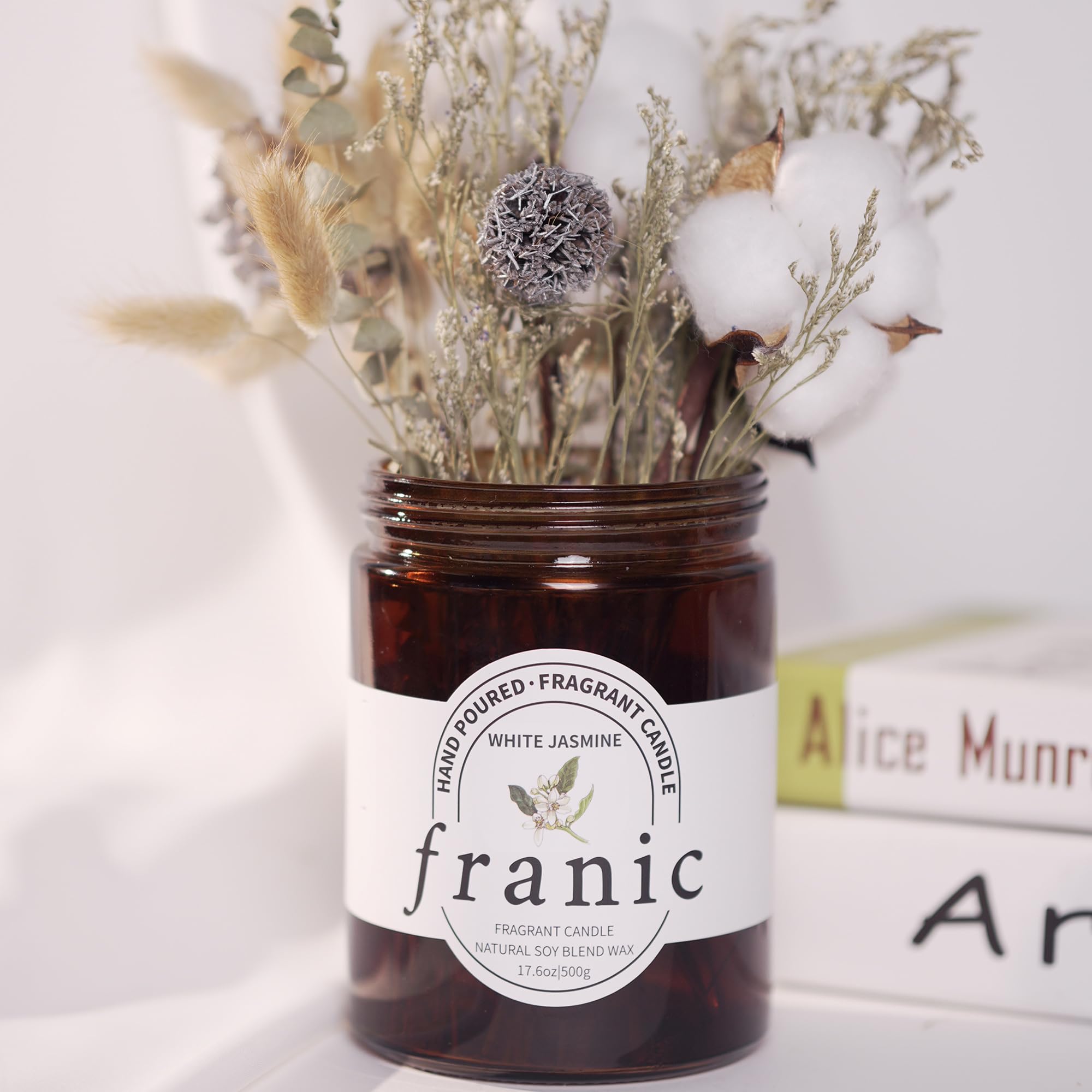 FRANIC White Jasmine Scented Candle, 17.6oz 80 Hours Burn Time, 100% Cotton Wick Uniform Burning, Natural Soy Wax Scented Candle for Home Scented Perfect for Christmas, Birthday, Home