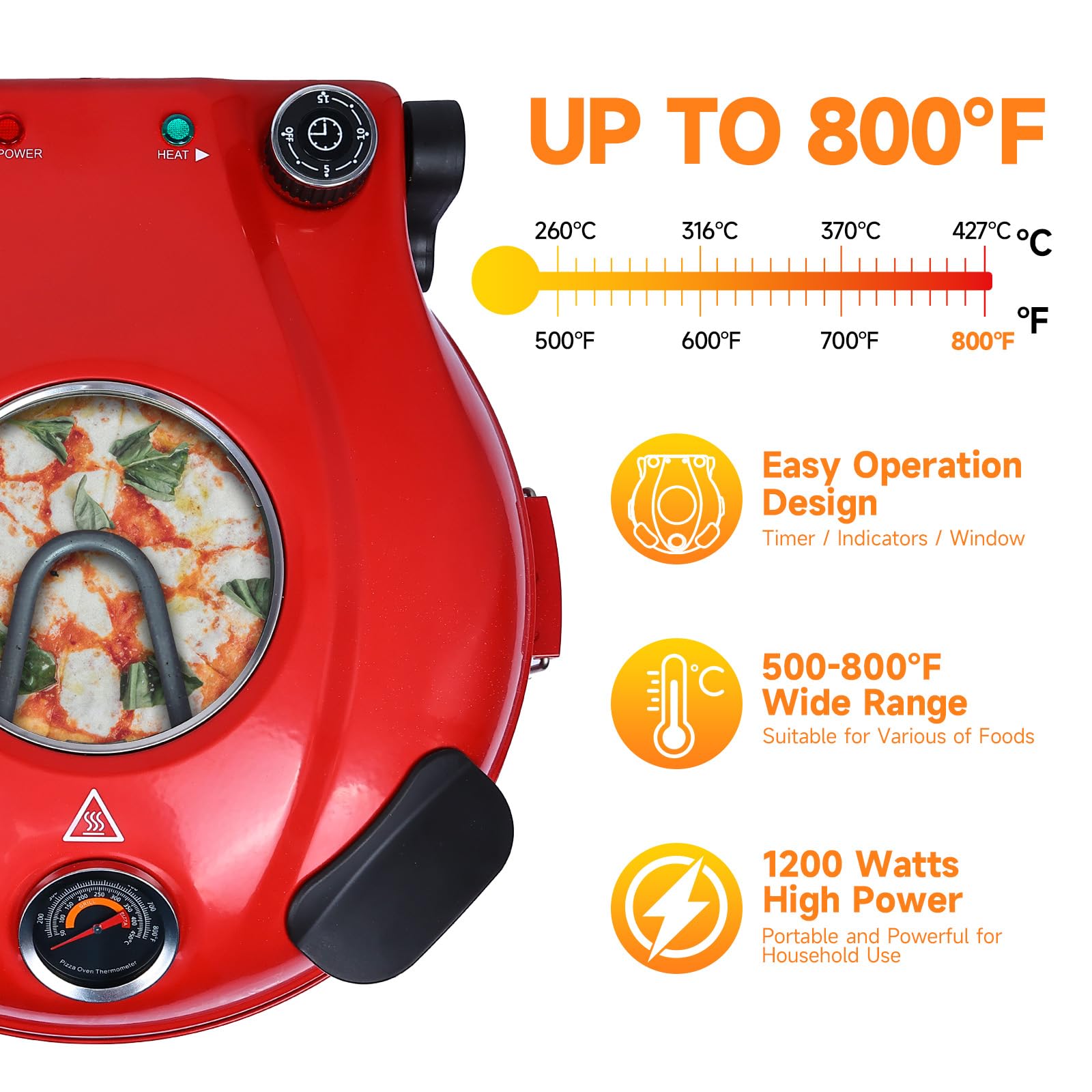 Upgrade Davivy 12" Indoor Electric Pizza Oven with Timer & Stone & Grill Pan, Countertop Pizza Oven Heats up to 800˚F, Portable Indoor Pizza Oven Cooker Countertop, Electric Indoor Pizza Cooker -Red