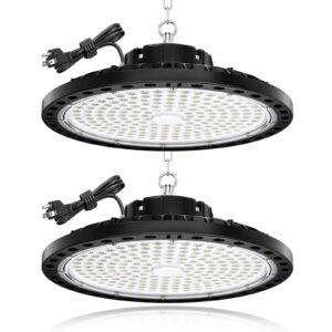 200w high bay led light 2 pack, 28000lm high bay led shop lights with 6.56ft cable us plug, 11.8in metal chain, driver, ufo led light 6500k ip65 commercial bay lighting for warehouse shop gym