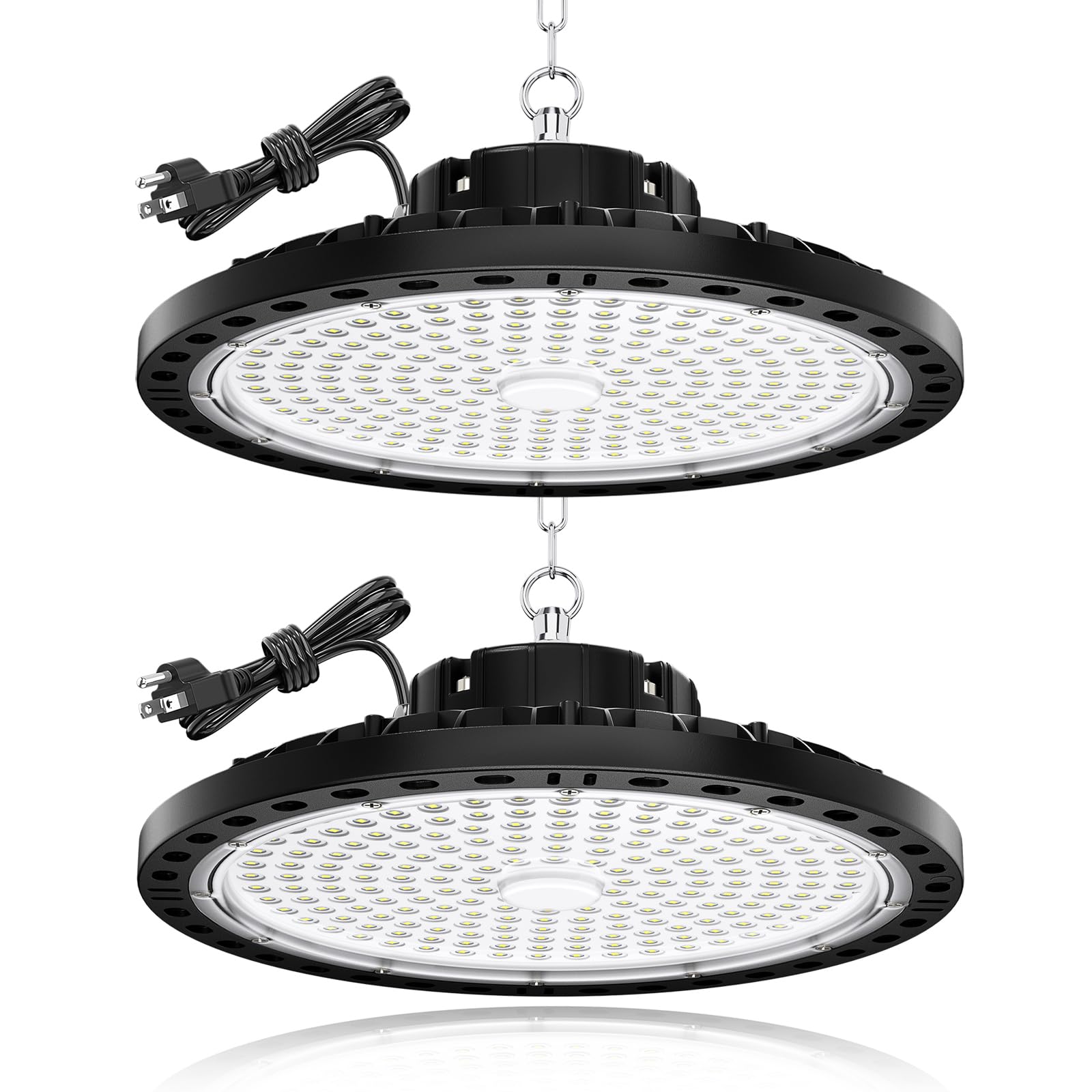 200W High Bay LED Light 2 Pack, 28000LM High Bay LED Shop Lights with 6.56FT Cable US Plug, 11.8in Metal Chain, Driver, UFO LED Light 6500K IP65 Commercial Bay Lighting for Warehouse Shop GYM