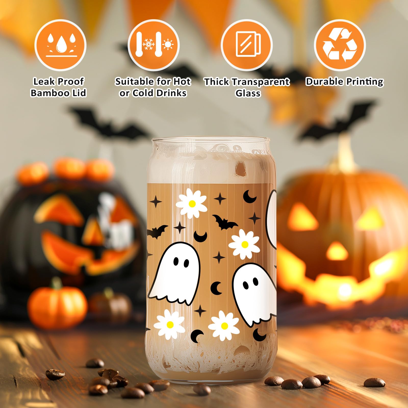 GSPY Cute Ghost Cups, 16oz Halloween Glass Cups with Lids and Straws, Spooky Bat Daisy Iced Coffee Tumbler, Fall Coffee Mug - Boo Basket Stuffers, Halloween Gifts for Women, Adults, Girls, Her