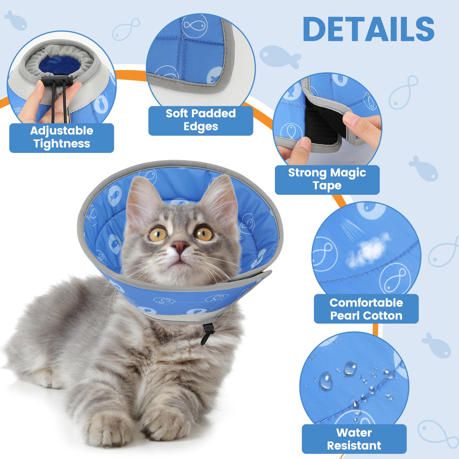 IDOGCHEW Cat Cone Collar Soft, Cat Cones to Stop Licking, Adjustable Cat Cone Water Resistant, Foldable, Adjustable, Lightweight (Blue Fish, Small)