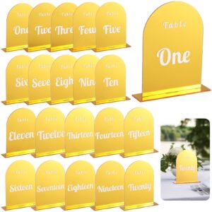 20 pack wedding table numbers with stands 1-20, 4.7 x 5.6 inch gold arched mirrored table signs number display stand for wedding reception event restaurant decoration