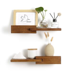 grid forte wood floating shelf (set of 2), modern reversible wall shelves, minimalism wall mount hardwood shelves, wall decor shelving for bedroom living room kitchen 4.5d x 15w inch (walnut)