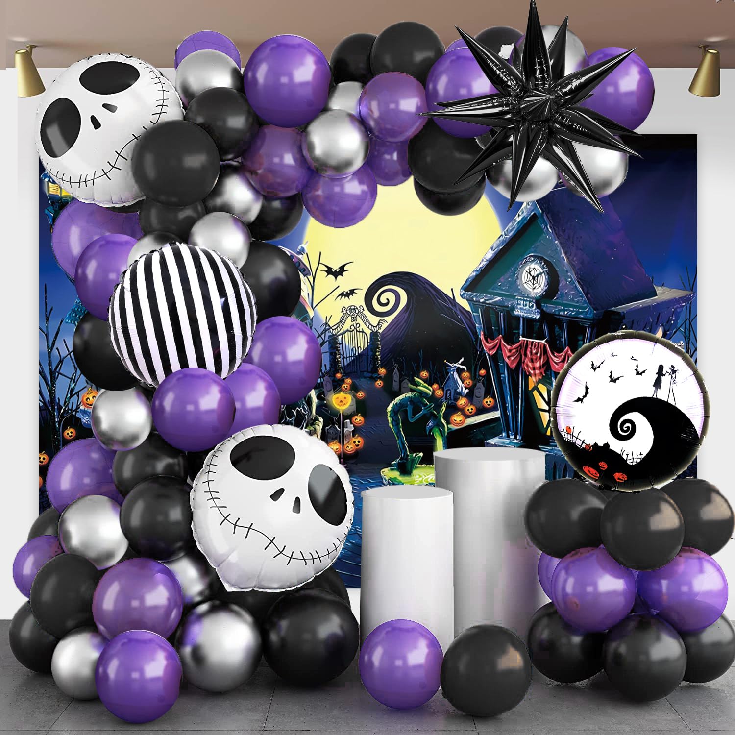 Nightmare Before Christmas Balloons Decorations Skull Halloween Party Decorations Balloon Garland Kit Purple Black Balloon Arch with Skull Balloons for Halloween Birthday Baby Shower Decorations