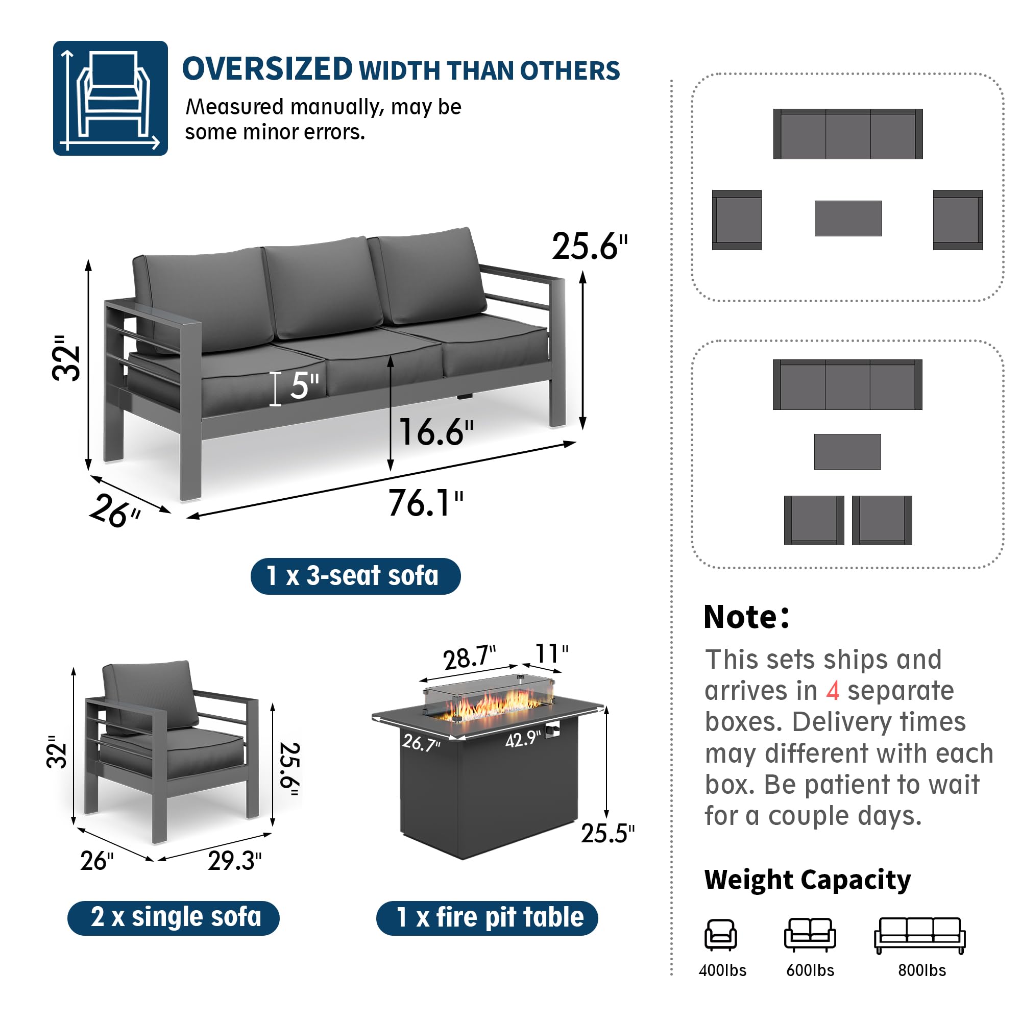 UDPATIO Aluminum Patio Furniture with Fire Pit Table, 4 Pieces Modern Aluminum Outdoor Sectional Conversation Set with Grey Cushion