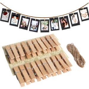 Grebest Clothespins Set Sturdy Wooden Clips 20pcs Clothespin with Hemp Rope Home Classroom Photo Picture Hanging Colorful Clip Heavy Duty Sock Towel Sheet Light Brown