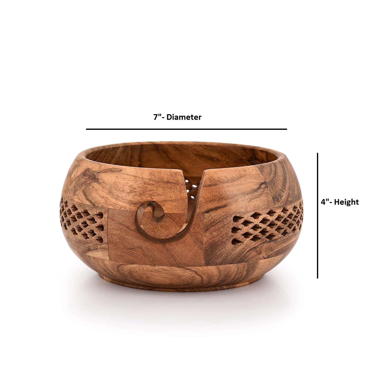 Kimona Yarn Storage Wooden Yarn Bowl Hand Made for Knitting and Crochet Crocheting Accessories and Supplies Organizer (7" x 7" x 4")