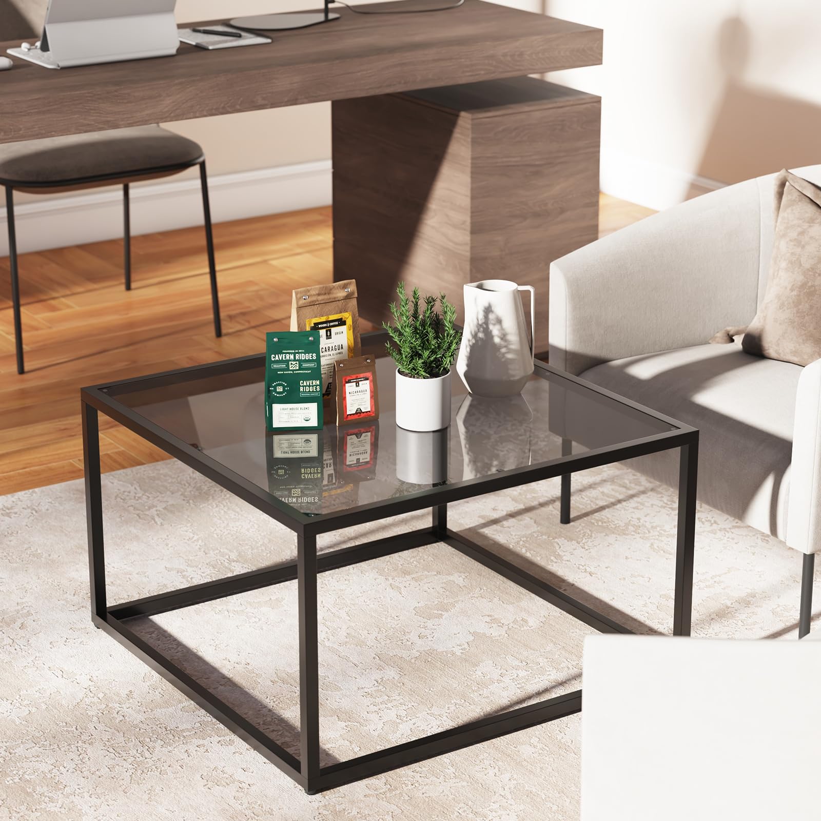 YMYNY Glass Coffee Table, Tempered Glass Square Coffee Tables with Metal Frame, Unique Modern Table for Living Room Home Office 26.77" x 26.77" x 15.75", Black Grey, UHCT001H