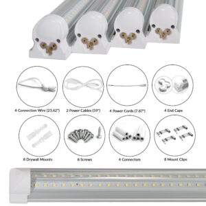 Arrow Overhead LED Shop Light Fixture 270 Degree Lighting for Garage, Shop, Barn -T8 Integrated LED Tube Light- 4 Pack - 8FT Length - 5000K Temperature - Plug and Play